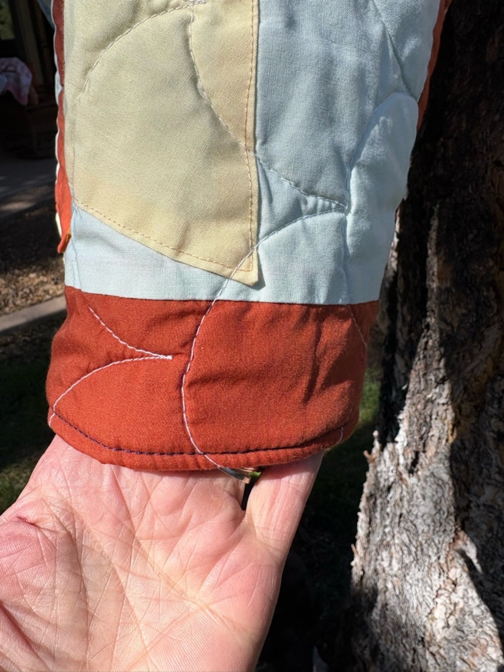 Patchwork Quilted Jacket in Rust, Cream & Light Blue,Size 1x - Picture 6 of 11